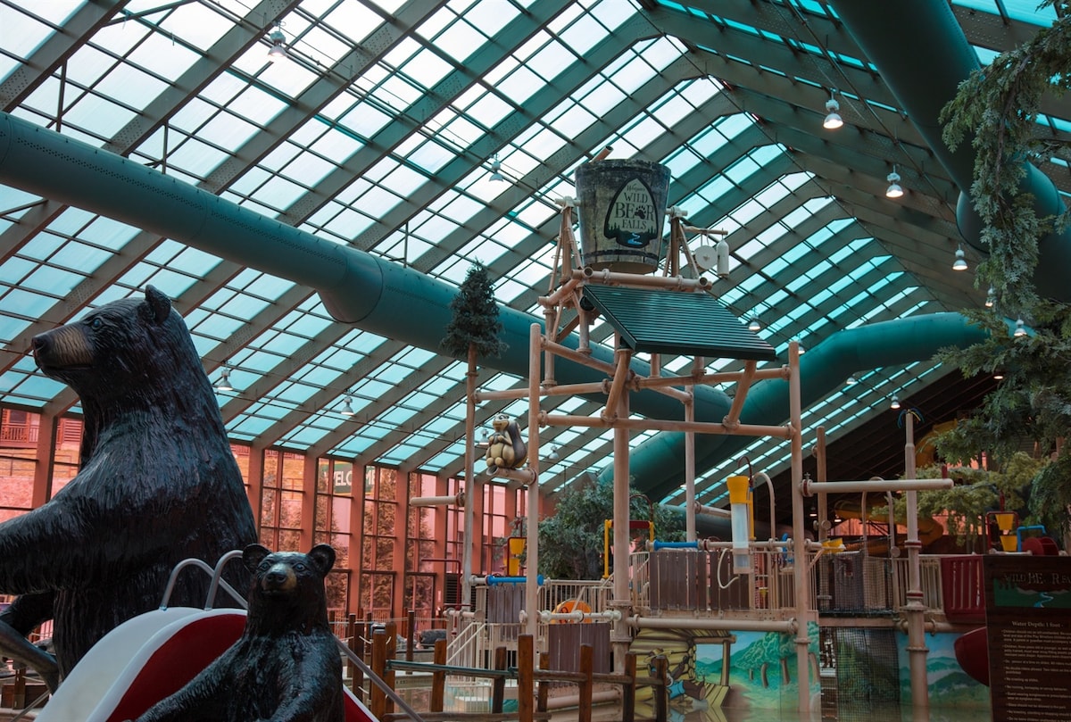 An indoor water park structure features a glass ceiling allowing natural light to fill the space. Two large bear sculptures are prominently positioned, and colorful water slides are in view. Play structures and water attractions are arranged throughout the area, creating an engaging environment.