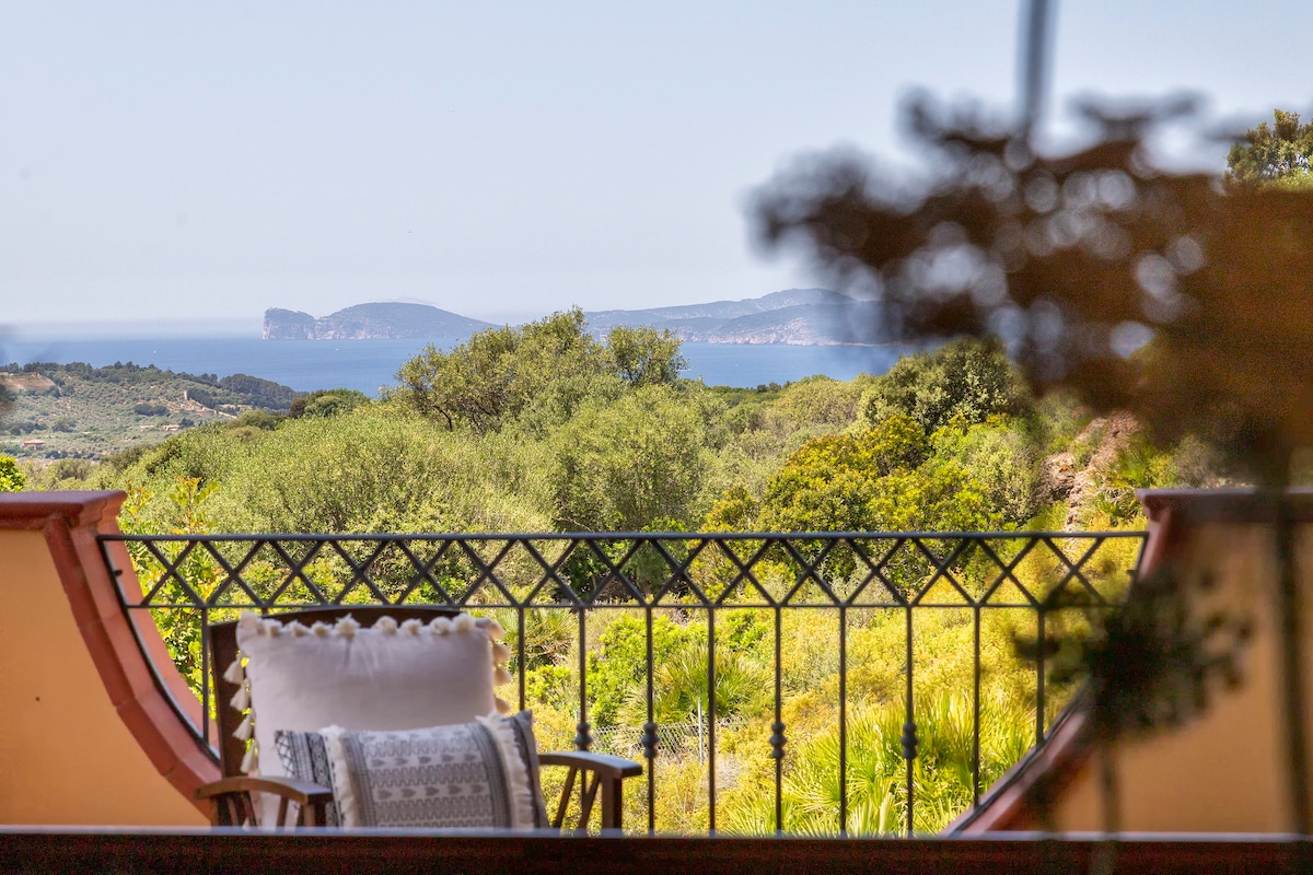 The image captures a terrace view of the sea, framed by lush Mediterranean vegetation. A cozy seating area is visible, featuring a soft cushion. The expansive view encompasses distant hills and the Gulf of Alghero, providing a serene outdoor experience.