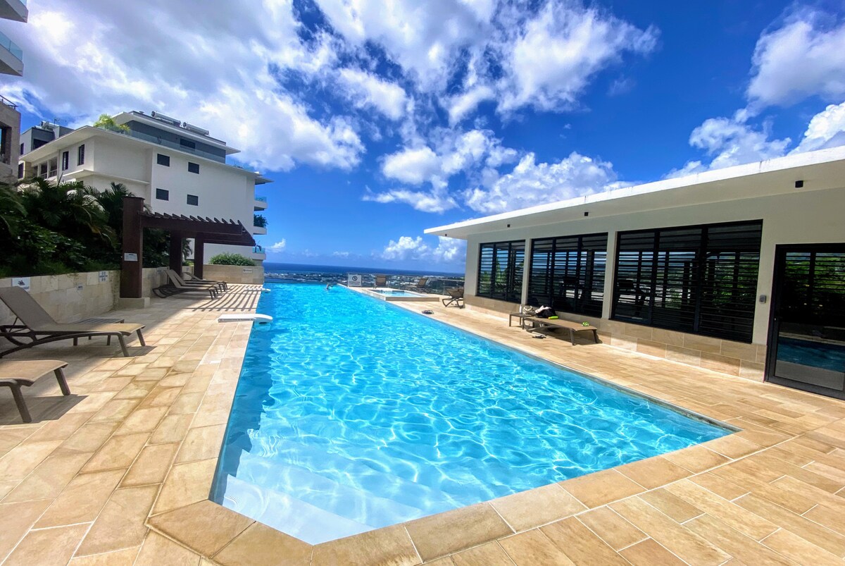 An outdoor swimming pool is featured, surrounded by a spacious deck with several lounge chairs. The area offers large windows that provide views of the skyline and ocean. Bright blue skies with scattered clouds complement the tranquil setting.