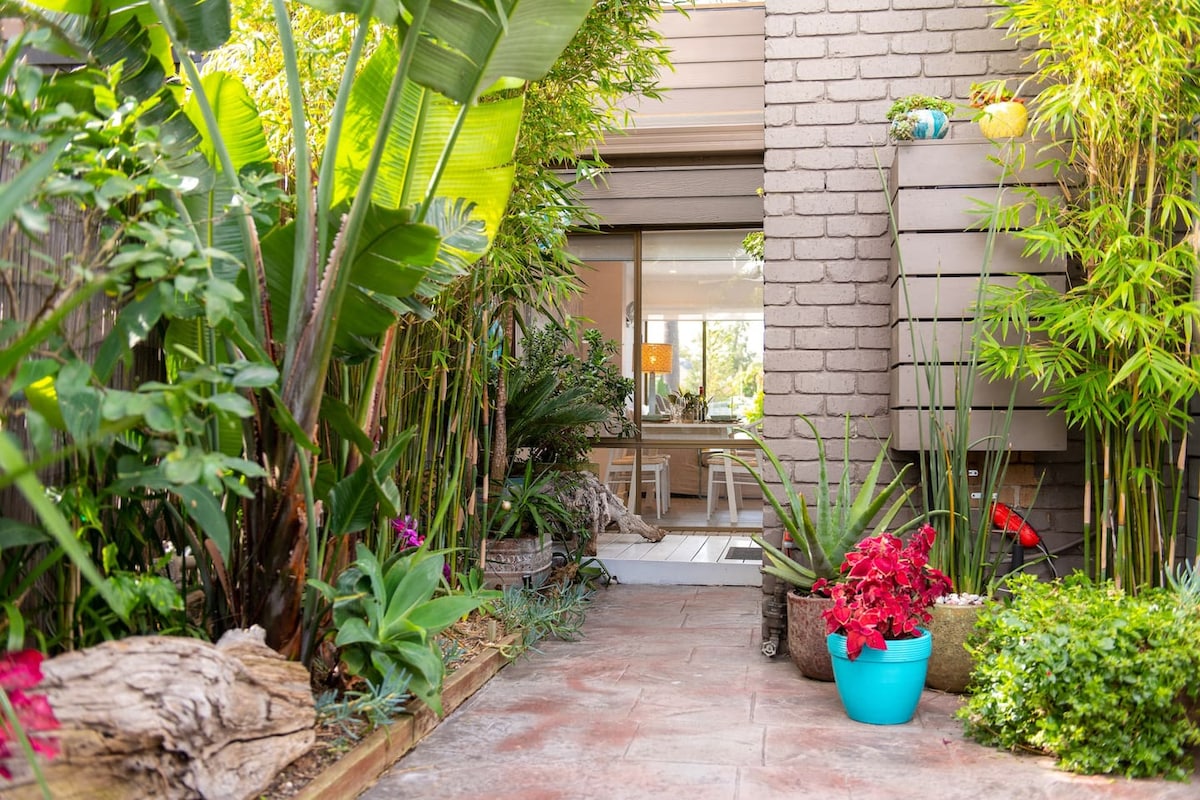 A pathway lined with lush greenery leads towards the entrance. Tropical plants, including tall palms and vibrant foliage, frame the passage, creating a natural corridor. A pop of color is provided by a blue pot containing flowers. Soft light can be seen through the doorway.