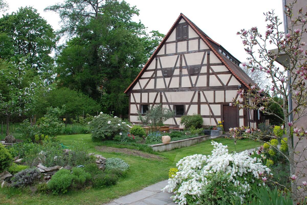 A traditional house featuring a timber-framed design is surrounded by a lush garden, showcasing a variety of flowering plants and greenery. A stone path leads to the entrance, while trees and shrubs create a serene environment.