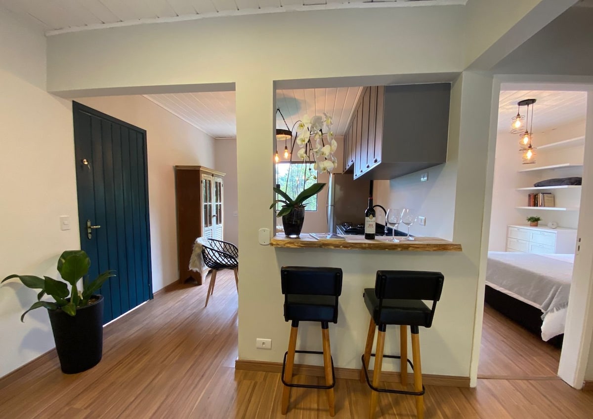 An open concept space features a well-equipped kitchen with modern appliances and a breakfast bar. Two black chairs are positioned at the bar. A dark blue door leads to another area, while a green plant adds a touch of nature to the warm wood flooring.