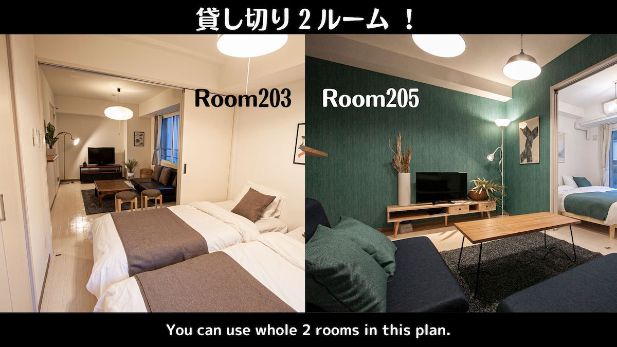 Two rooms are shown, each with distinct features. Room 203 features a spacious bed, neutral bedding, and a cozy seating arrangement, while Room 205 boasts vibrant green walls, a modern television, and a central coffee table, creating inviting spaces for relaxation.