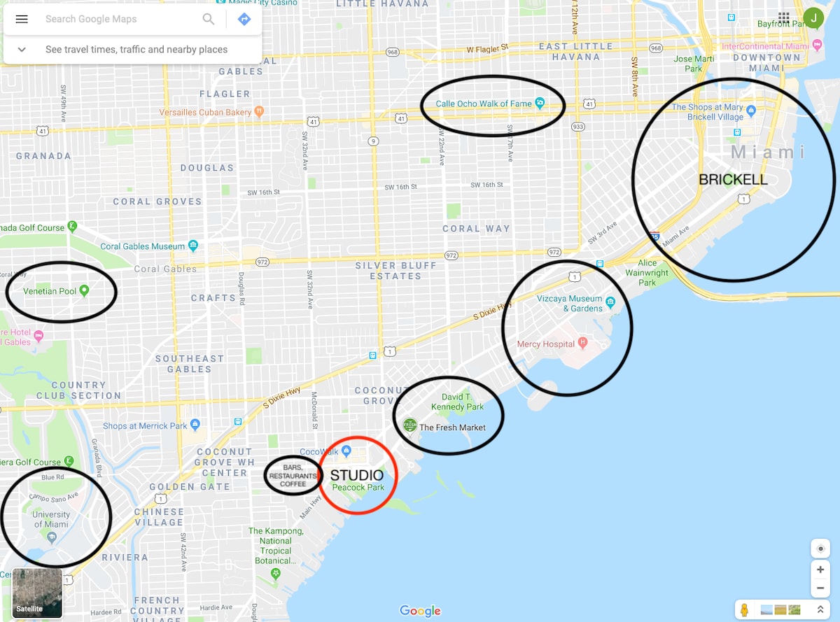 A detailed map illustrates the location of the studio in relation to nearby attractions. Key landmarks, such as restaurants, parks, and shopping areas, are highlighted, along with the proximity to Brickell and other relevant destinations.