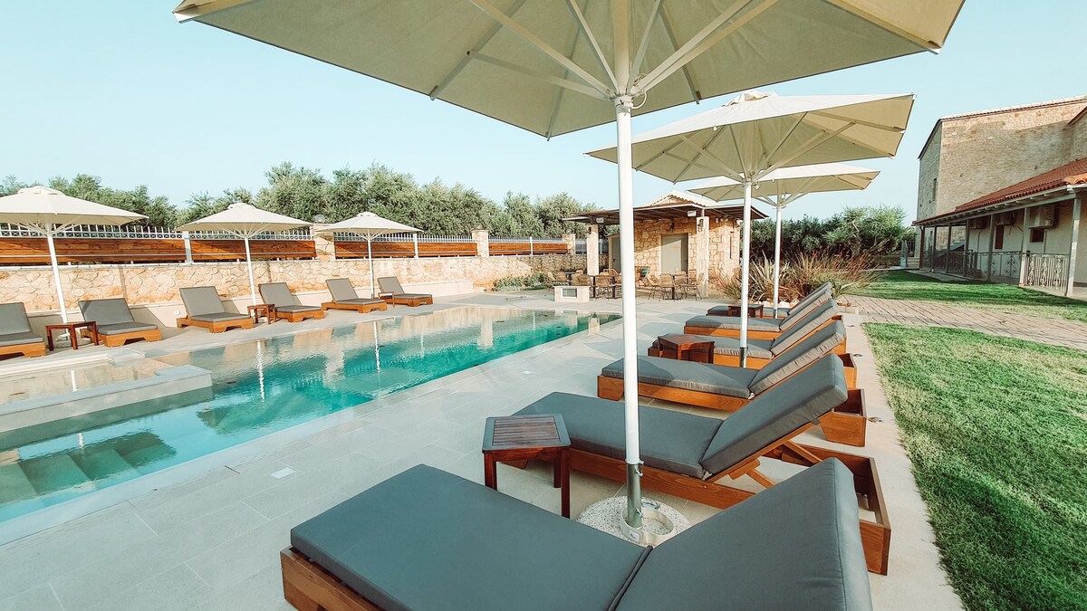 A spacious outdoor pool area is shown, featuring several lounge chairs arranged under large umbrellas. The pool reflects the sky, surrounded by a well-maintained lawn and a rustic stone wall. A nearby seating area with a wooden table is also visible.