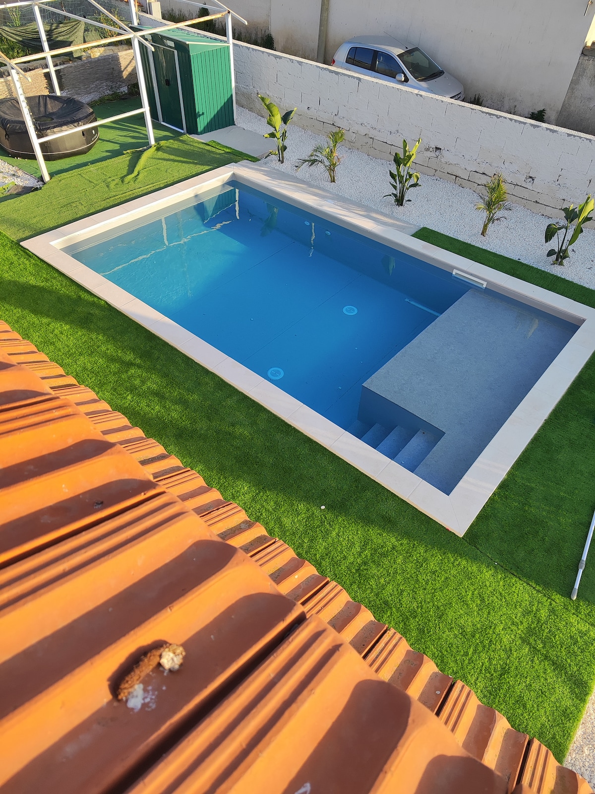 A well-maintained outdoor area features a rectangular mini pool surrounded by artificial grass. Steps lead into the pool, and young plants line the perimeter. In the background, a covered seating area is visible, along with a small storage unit and greenery.