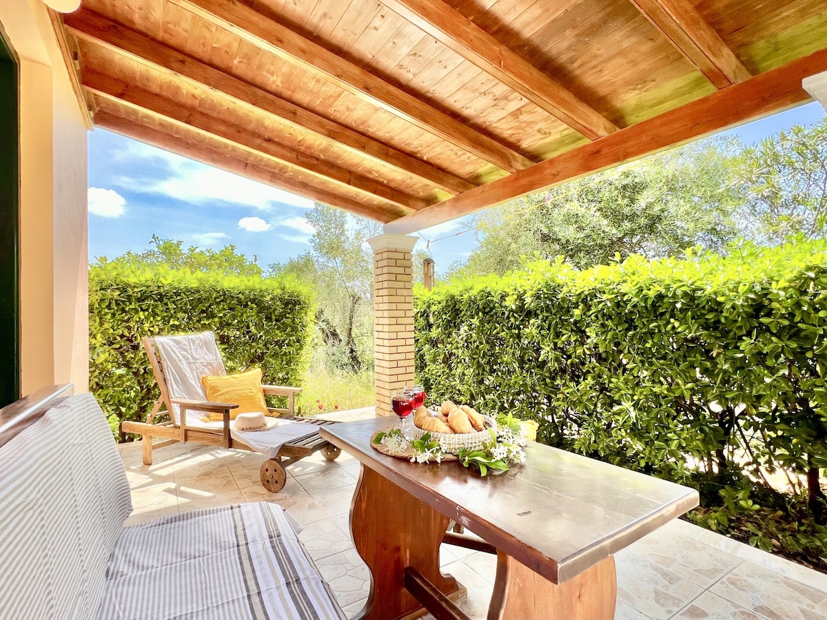 A shaded outdoor seating area is presented with a wooden table and comfortable chairs. A display of fresh fruits and beverages sits on the table. Lush greenery and trees create a serene backdrop under a blue sky with scattered clouds, enhancing the relaxing ambiance.