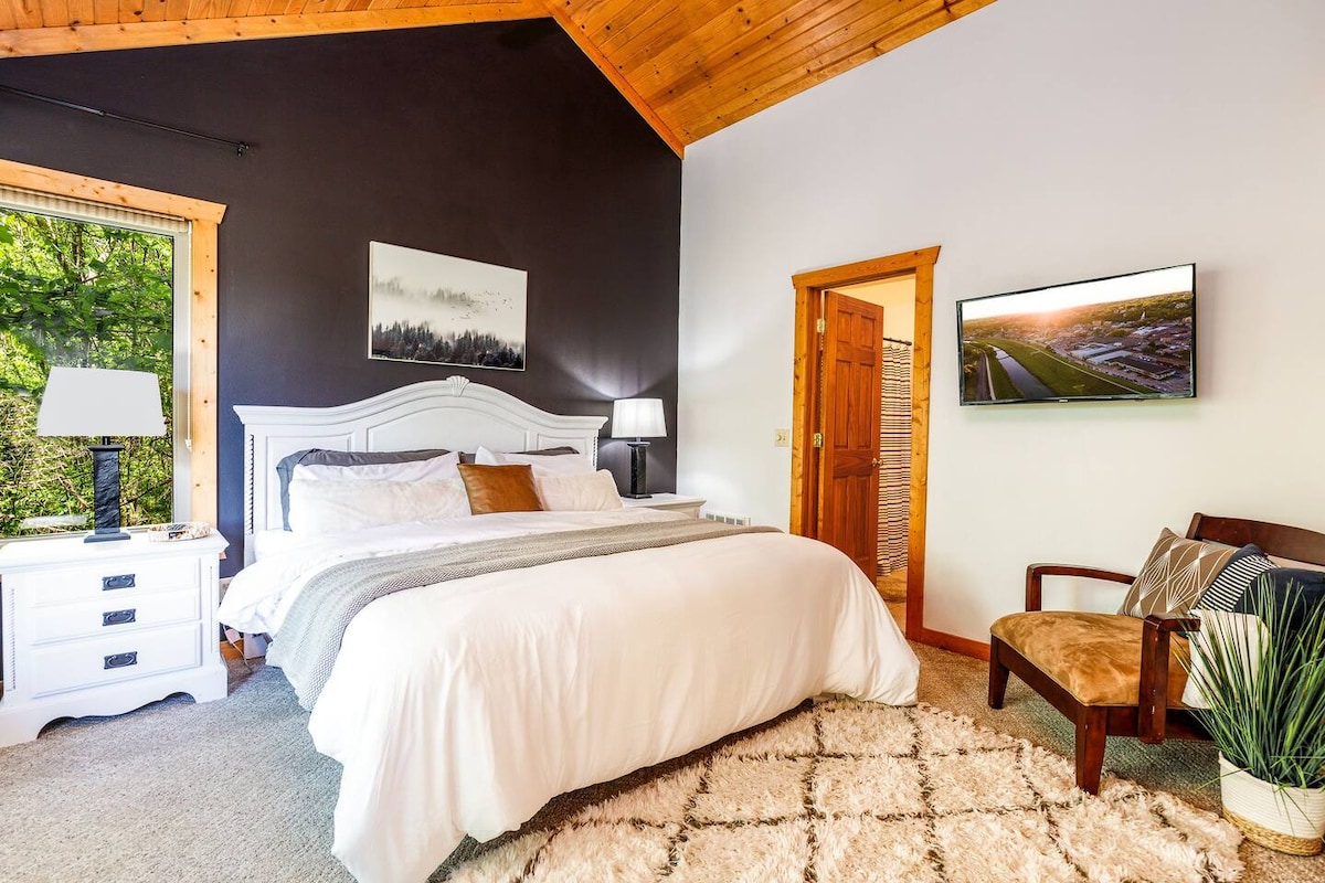 Upstairs primary bedroom with attached ensuite