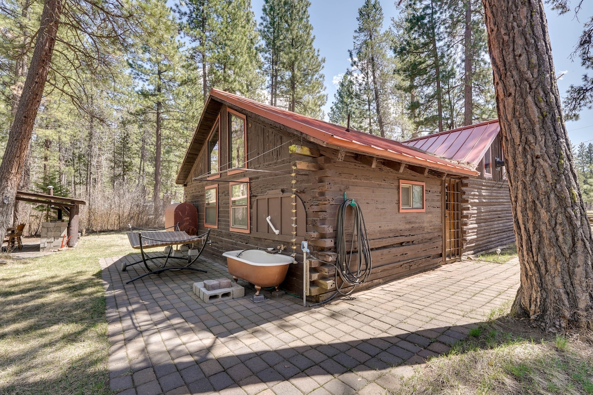 The exterior of the cabin features a wooden facade with a red metal roof. A clawfoot tub is placed beside a lounge chair on a stone patio, surrounded by tall trees. An outdoor hose is visible, enhancing the rustic charm of the yard.
