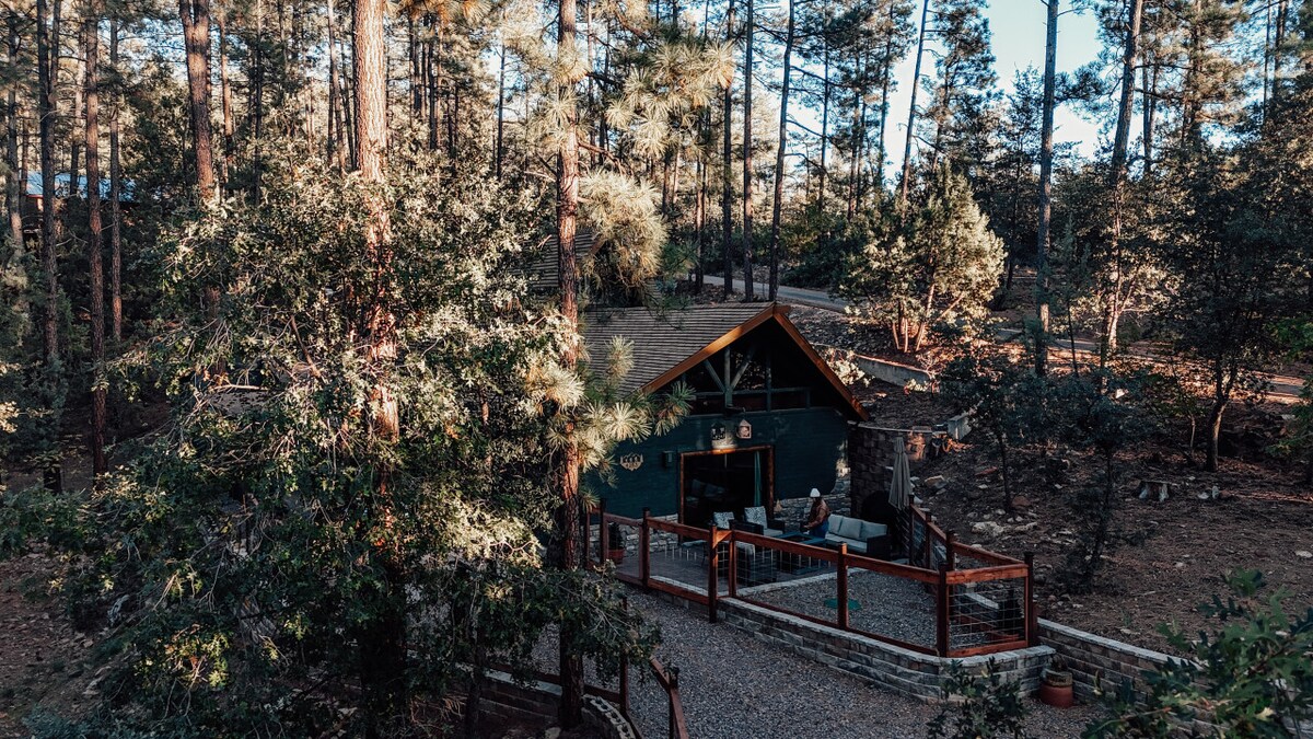 An inviting cabin structure surrounded by tall pine trees is visible, featuring a wooden deck with seating. The natural landscape enhances the serene setting, while large windows reflect sunlight, providing a glimpse into the cozy interior.