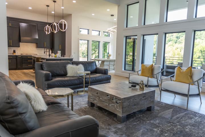 Main floor living room and open concept kitchen and dining room.