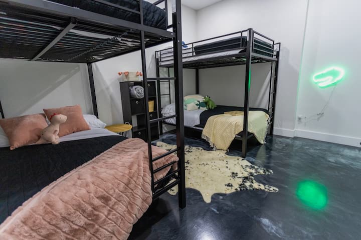 Downstairs bedroom has 2 bunkbeds with 4 full size mattresses.