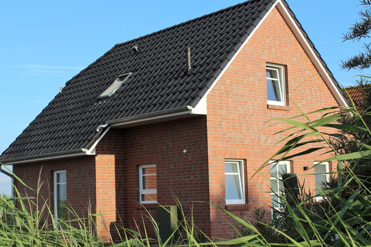 A modern brick house features a pitched roof and multiple windows, allowing natural light to enter. The surroundings include tall grasses, providing a sense of tranquility. Several roof windows are visible, enhancing the overall design of the residence.