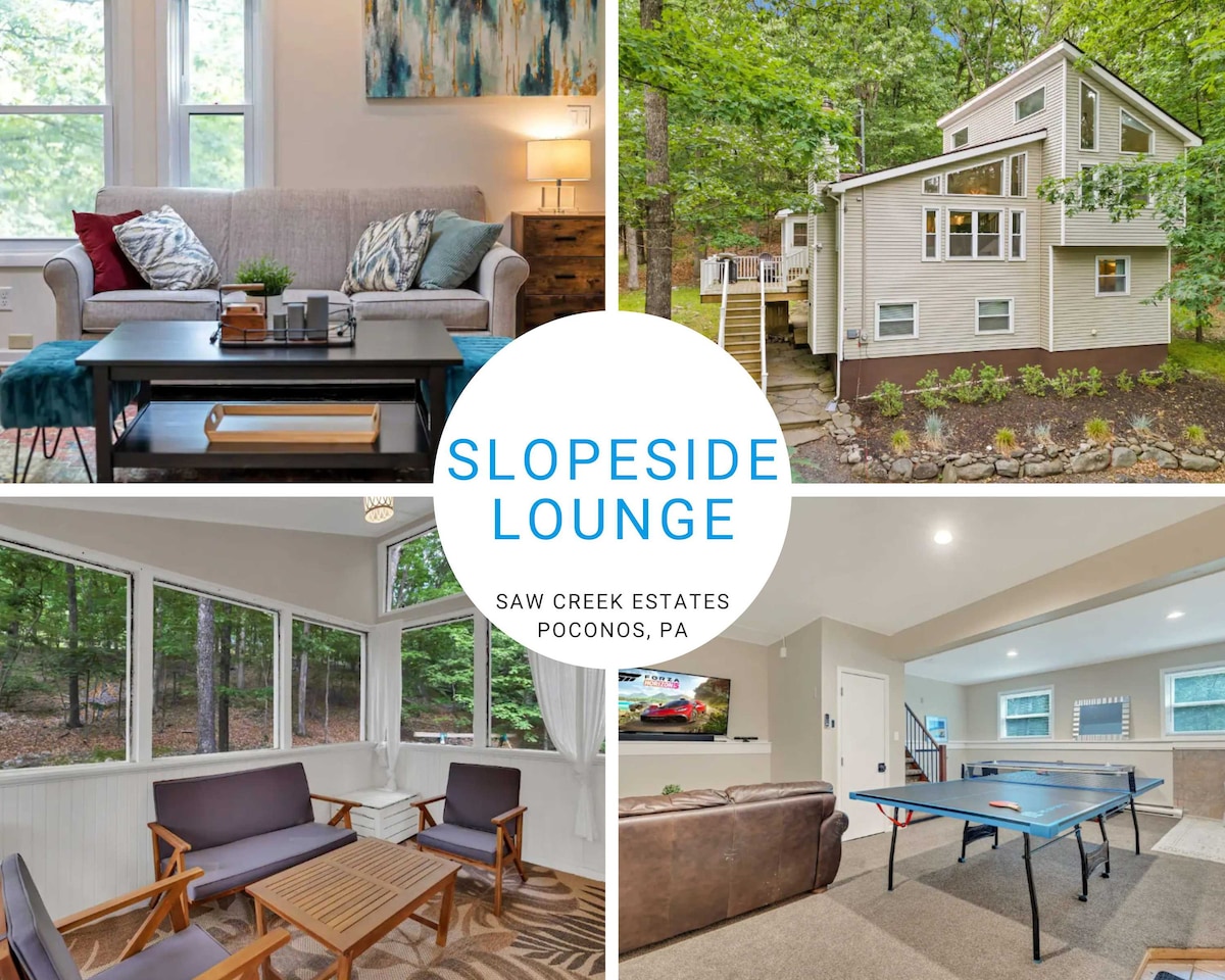 A welcoming lounge area features a comfortable sofa and a coffee table, surrounded by natural light from large windows. The exterior showcases a multi-level dwelling nestled among trees, while an inviting game room offers a ping pong table and casual seating for entertainment.