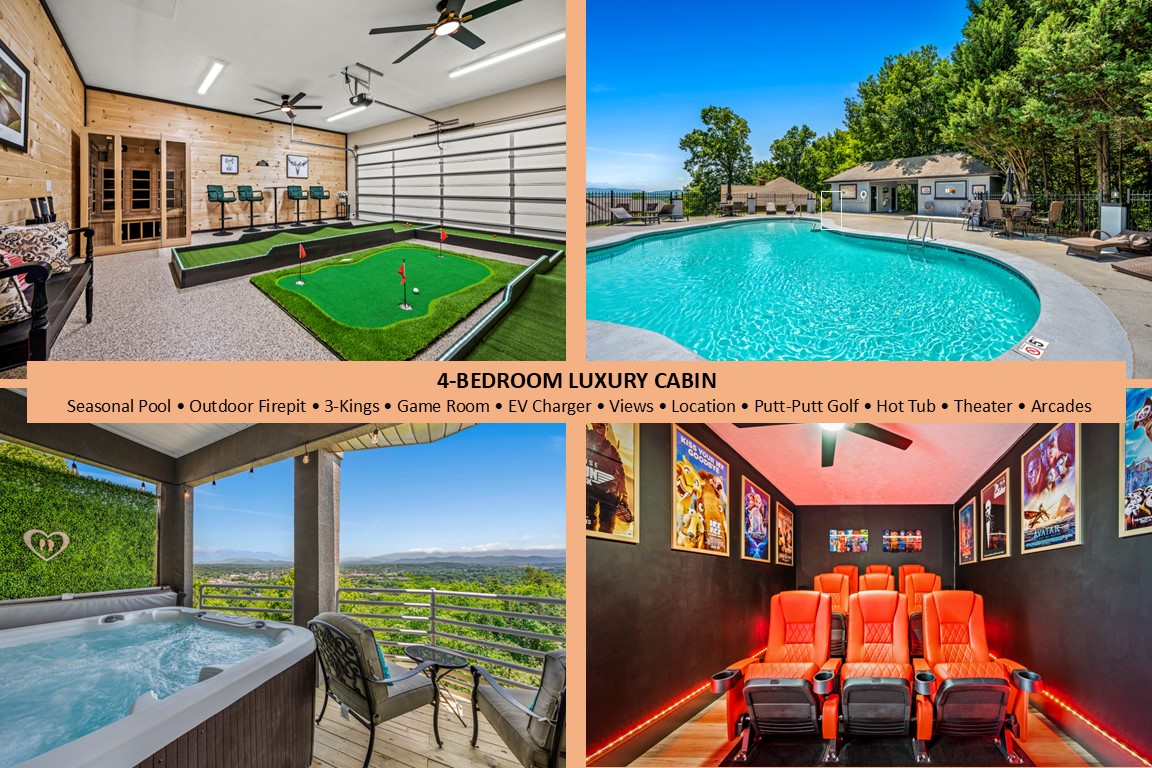 A four-panel image displays various luxurious amenities of the cabin: an indoor golf area with putting greens, a seasonal outdoor pool surrounded by lounge chairs, a scenic balcony showcasing mountain views, and a vibrant home theater room with tiered seating and neon lighting.