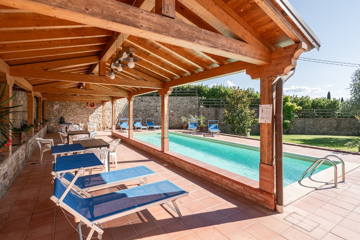 A covered outdoor patio features wooden beams and tiled flooring, providing shaded seating options with blue lounge chairs. A rectangular pool is visible, surrounded by a grassy garden area, with additional lounge chairs positioned nearby for relaxation.