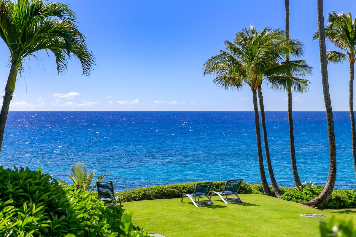 An expansive view of the ocean is framed by palm trees swaying gently in the breeze. Lounge chairs are positioned on a grassy area, providing a perfect spot to relax while gazing out at the vibrant blue sea under a clear sky.