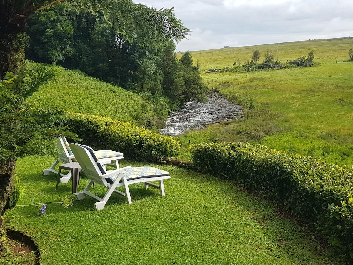 Two lounge chairs are positioned on lush green grass, overlooking a gentle stream that flows past. The area is surrounded by neatly trimmed bushes and trees, creating a serene outdoor setting. Patches of cloudy sky are visible above the expansive landscape.