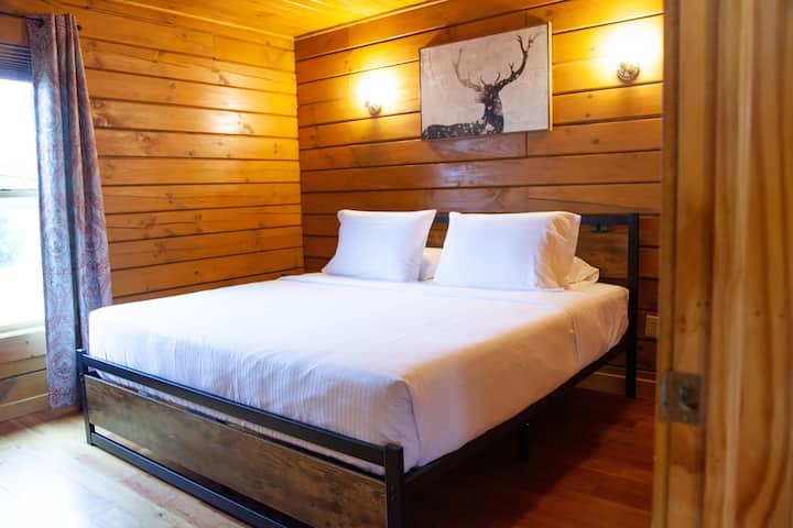 主卧室-一楼舒适，配有豪华加大双人床和温暖色调。