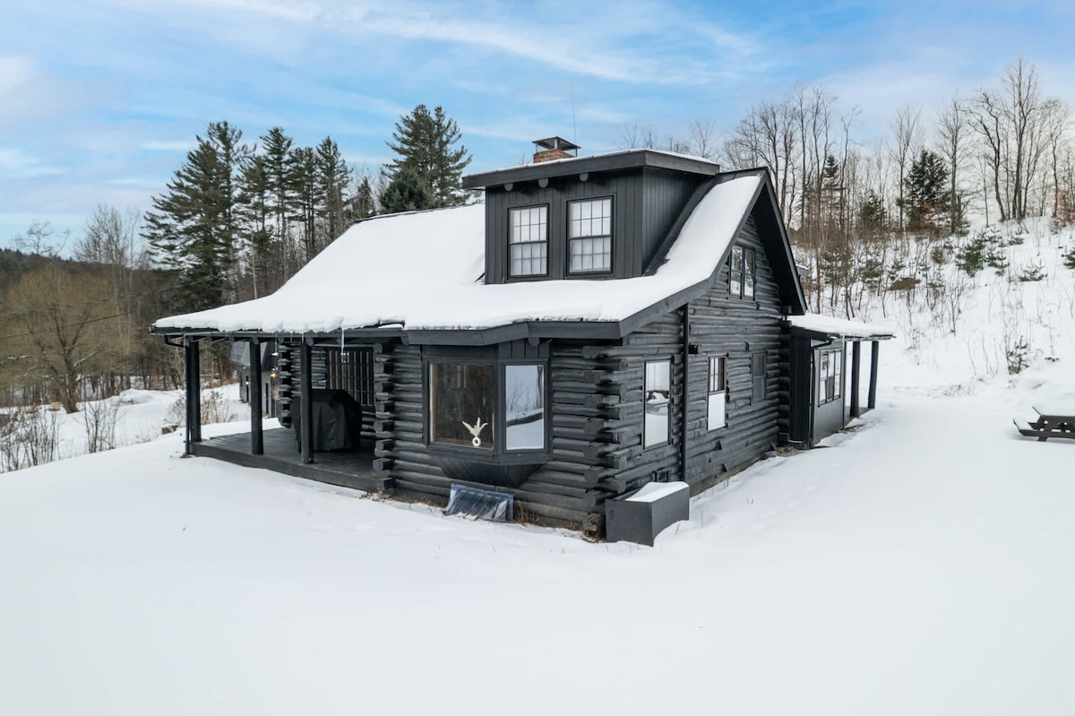 The exterior of a modern log cabin is enveloped in fresh snow, showcasing a dark wood facade and multiple windows. A sloped roof features a central gable, and the surrounding landscape is a serene white blanket of snow, with trees in the background.