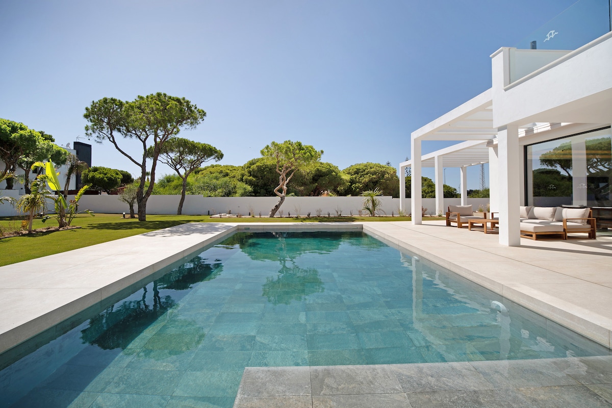A private outdoor area features a sparkling pool surrounded by a spacious terrace. Lush greenery, including trees and shrubs, enhances the serene ambiance. A covered seating area with modern furniture provides an inviting space for relaxation under a clear sky.