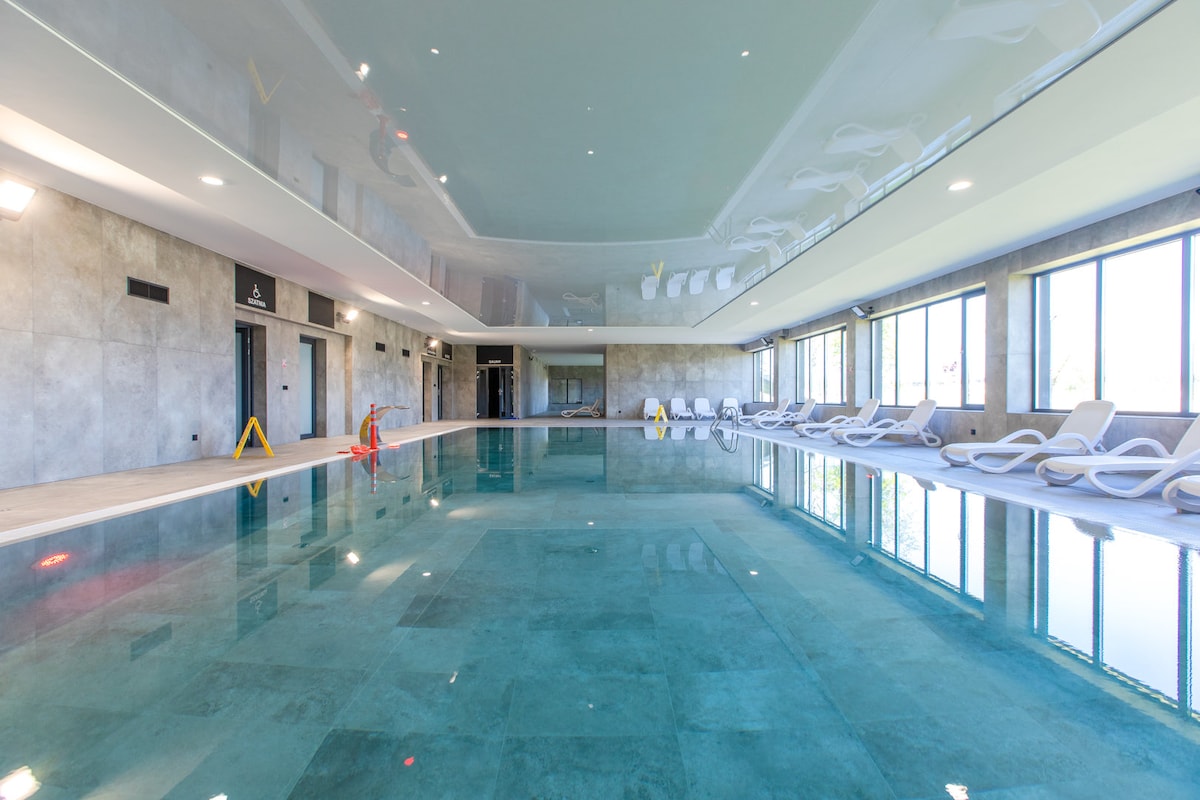 An indoor swimming pool is visible, featuring clear blue water reflecting the ceiling and surrounding walls. Comfortable lounge chairs are arranged neatly along one side, while large windows allow natural light to fill the space, creating an open and airy environment.