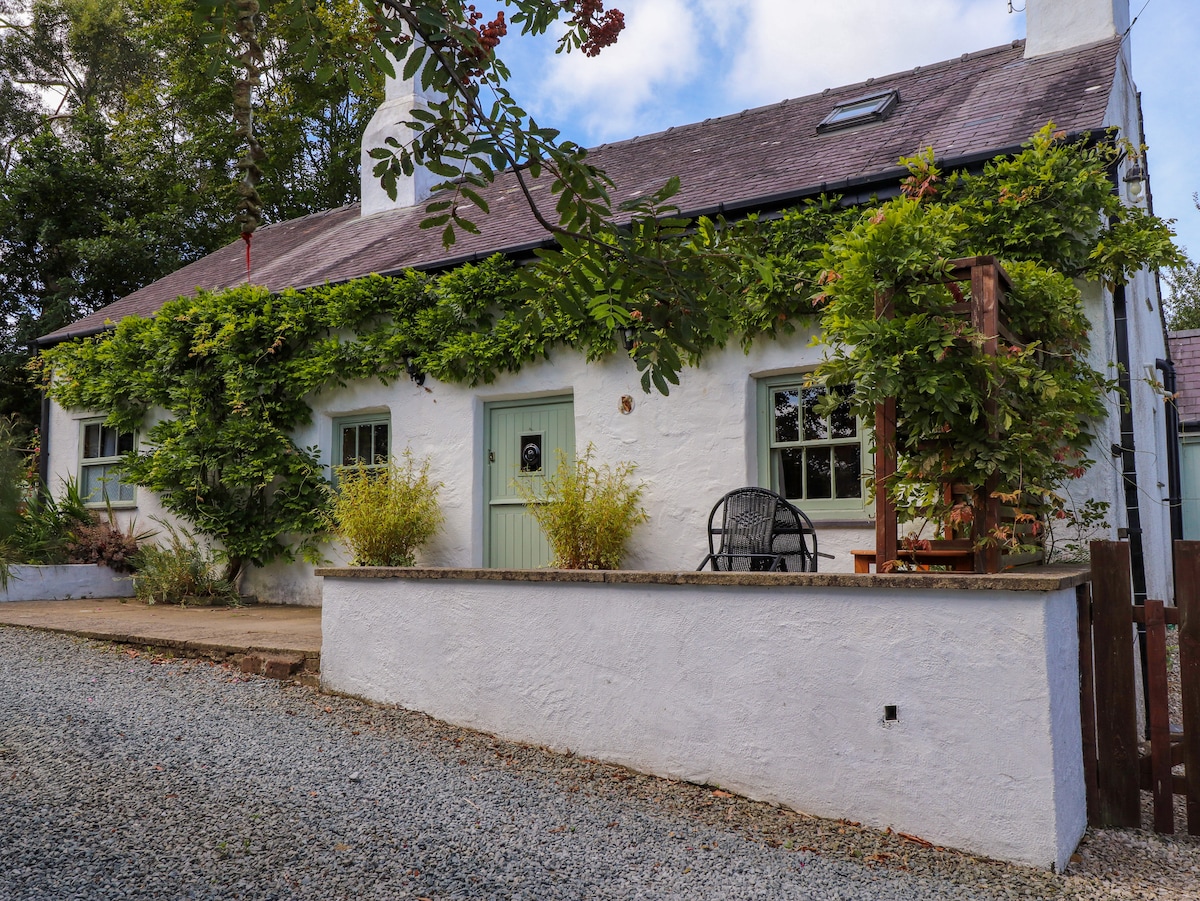 The cottage is shown from the front, featuring whitewashed walls and a sloping roof. Lush greenery is seen wrapping around the windows, adding a natural touch. A small patio area is visible with a chair, creating an inviting space for relaxation.