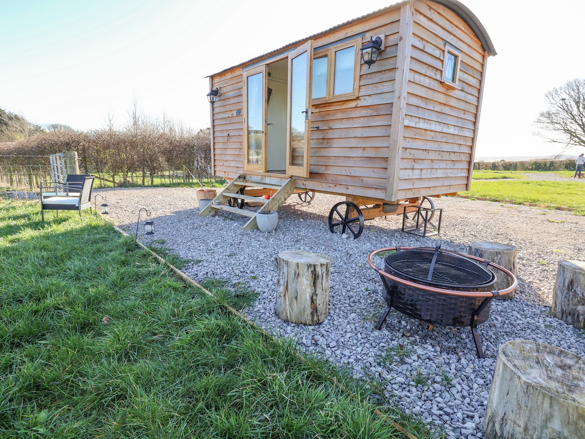 A charming wooden cabin on wheels is positioned on a grassy area, surrounded by natural elements. A small fire pit with seating logs is located in front. Steps lead up to a welcoming entrance, and several windows provide a glimpse of the interior.