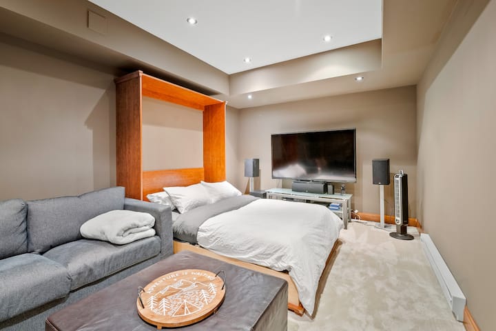 Una vista de la sala del teatro/ cuarto dormitorio con cama murphy tamaño queen que se pliega fuera del camino dejando un montón de espacio en esta sala de estar