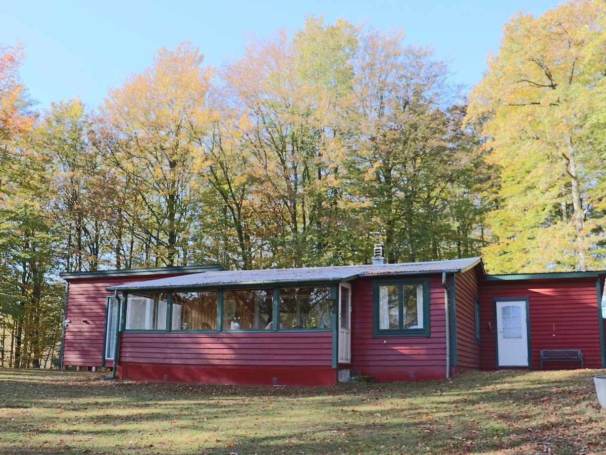 A red cottage is nestled among trees displaying autumn foliage. A spacious glazed conservatory is visible, providing natural light. The structure has a small roof and is set on a gently sloping lawn that leads into the forest.