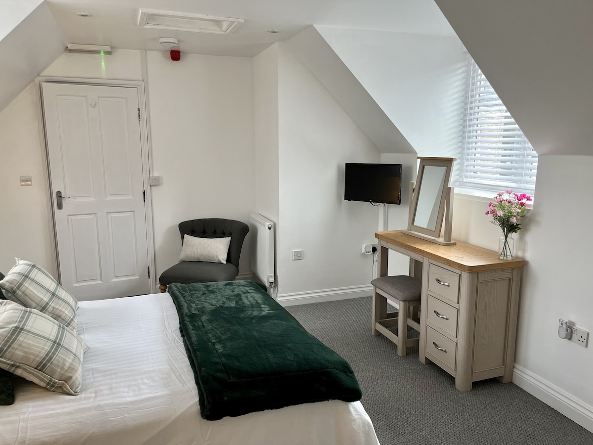 A cozy bedroom features a spacious bed covered with a green throw. A small desk with a mirror and two chairs is positioned nearby. A television is mounted on the wall, and a comfortable armchair is situated in the corner. Natural light enters through a window adorned with blinds.