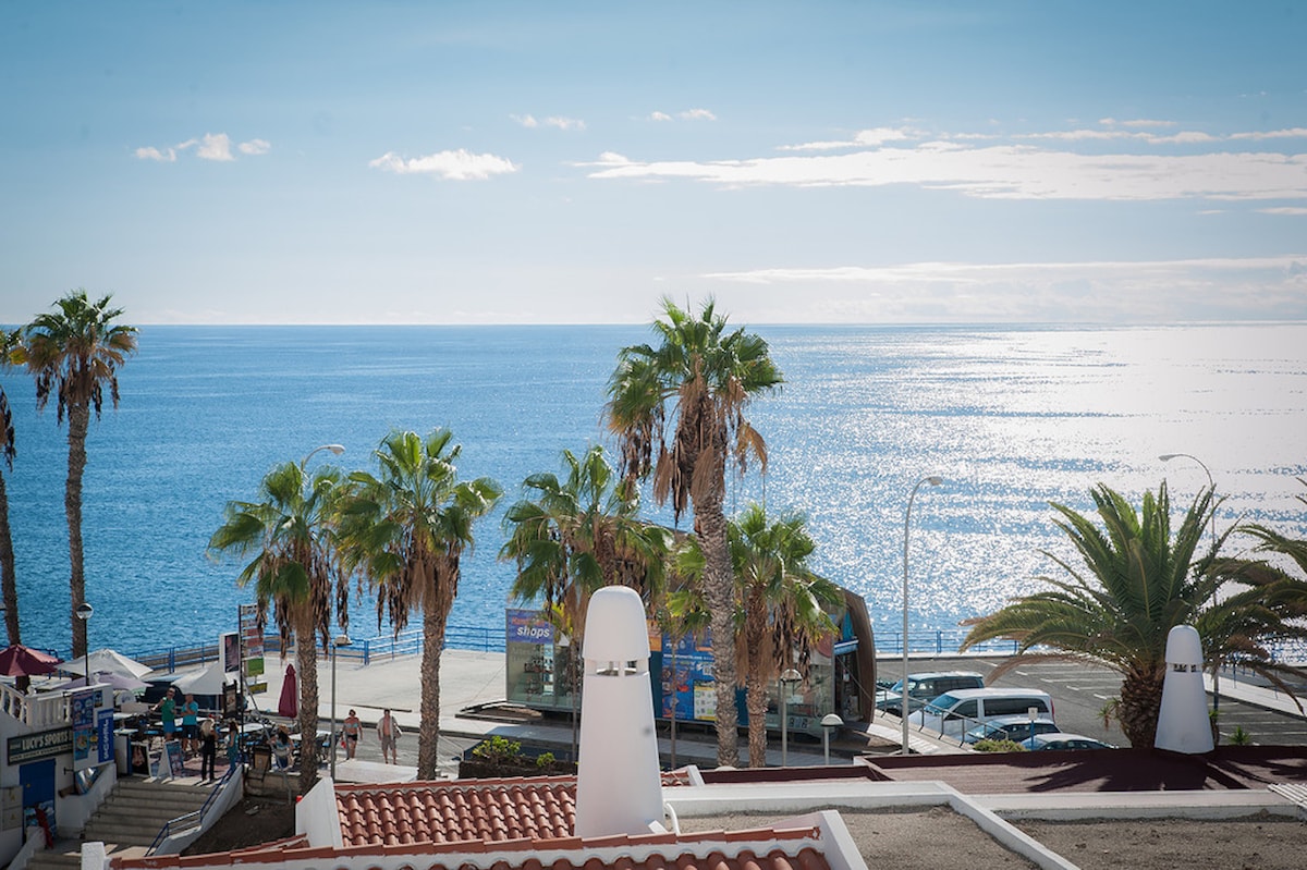 A panoramic view of the Atlantic Ocean is visible, framed by tall palm trees. The calm water reflects sunlight, creating a serene atmosphere. In the foreground, the rooftops of nearby buildings can be seen, contributing to the coastal charm of the area.