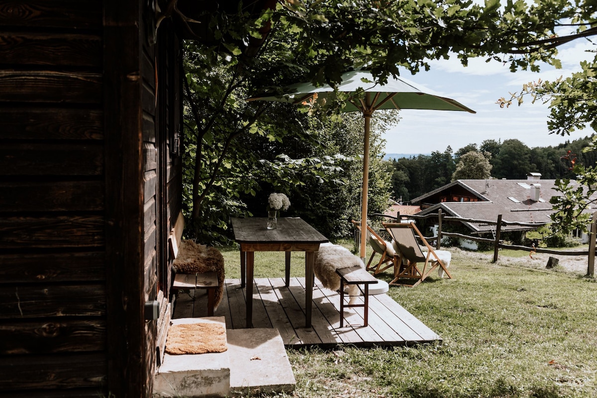 A charming outdoor seating area is featured, complete with a wooden table and several chairs, set under a green umbrella. Soft cushions add comfort, while a vase of flowers serves as a simple centerpiece. The surrounding grass and nearby buildings contribute to a serene atmosphere.