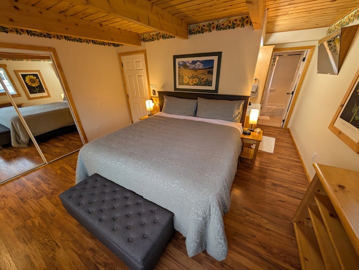 Camera da letto con letto king size e bagno privato.