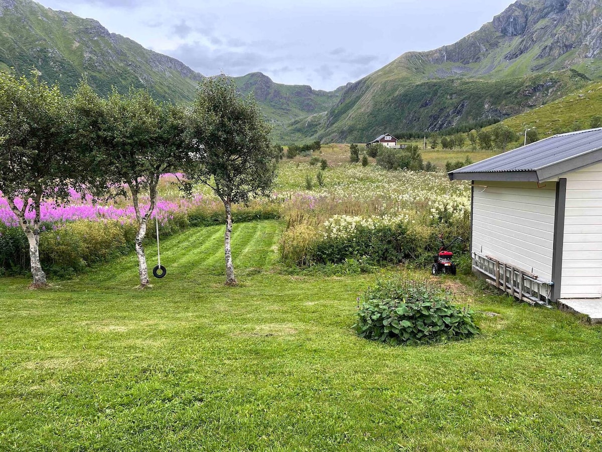 Lush green grass surrounds the house, with inviting flower-filled fields visible in the distance. Two birch trees frame the yard, with a swing hanging from one branch. The backdrop features majestic mountains under a cloudy sky, enhancing the tranquil rural setting.