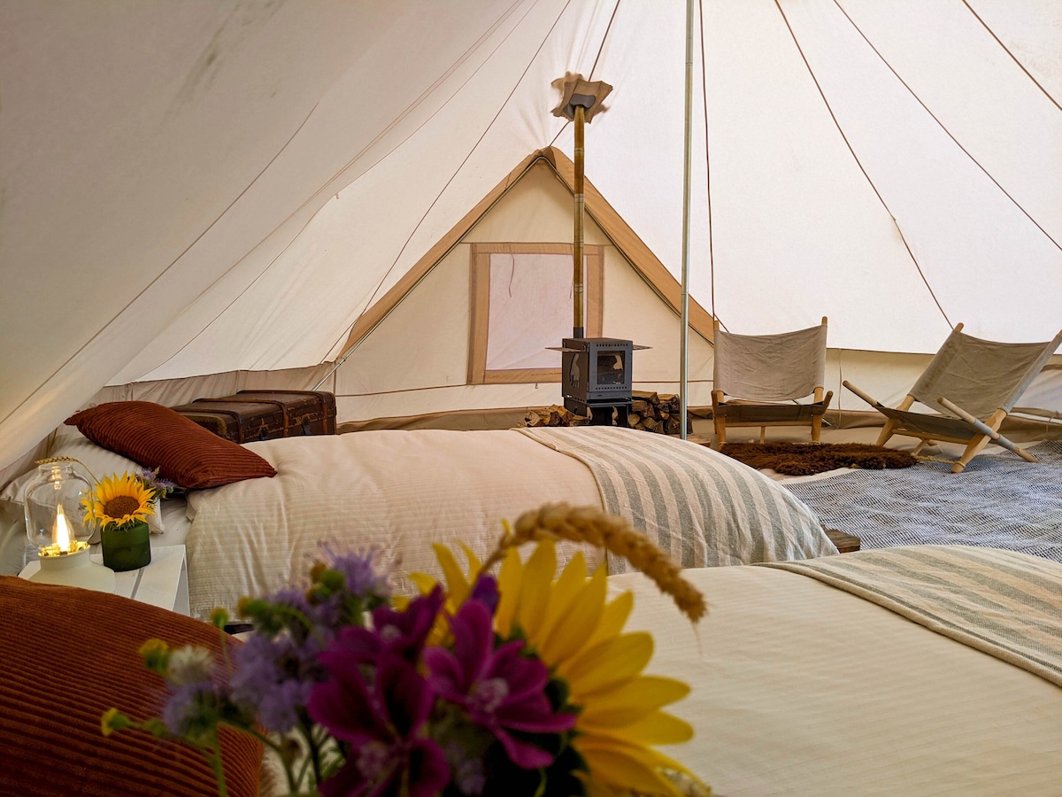 The interior of the spacious glamping tent is illuminated by soft natural light. Two cozy beds are arranged beside a small wood stove, with two wooden chairs placed nearby. A vase of colorful flowers adds a touch of nature to the setting.