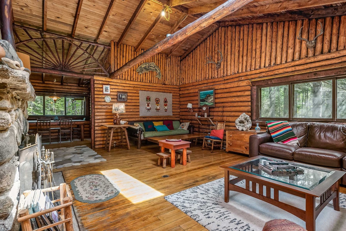 The cabin interior features rustic wooden walls and a high ceiling, creating a warm and inviting space. A cozy leather sofa sits across from a stone fireplace, with a glass coffee table in the center. Large windows provide views of the surrounding nature.