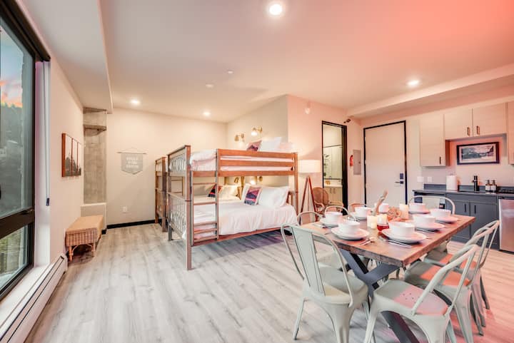 Bunk Room boasts full-over-full and twin-over-twin beds with memory foam mattresses