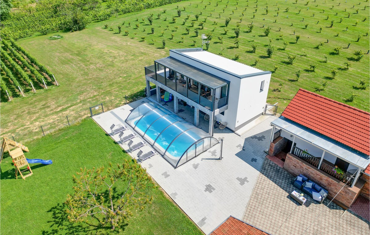 An aerial view showcases a modern vacation home surrounded by lush greenery and neatly planted grapevines. A covered outdoor pool is featured in the foreground, complemented by lounge chairs. The expansive grounds include a children's playground and a spacious terrace, enhancing the sense of privacy.
