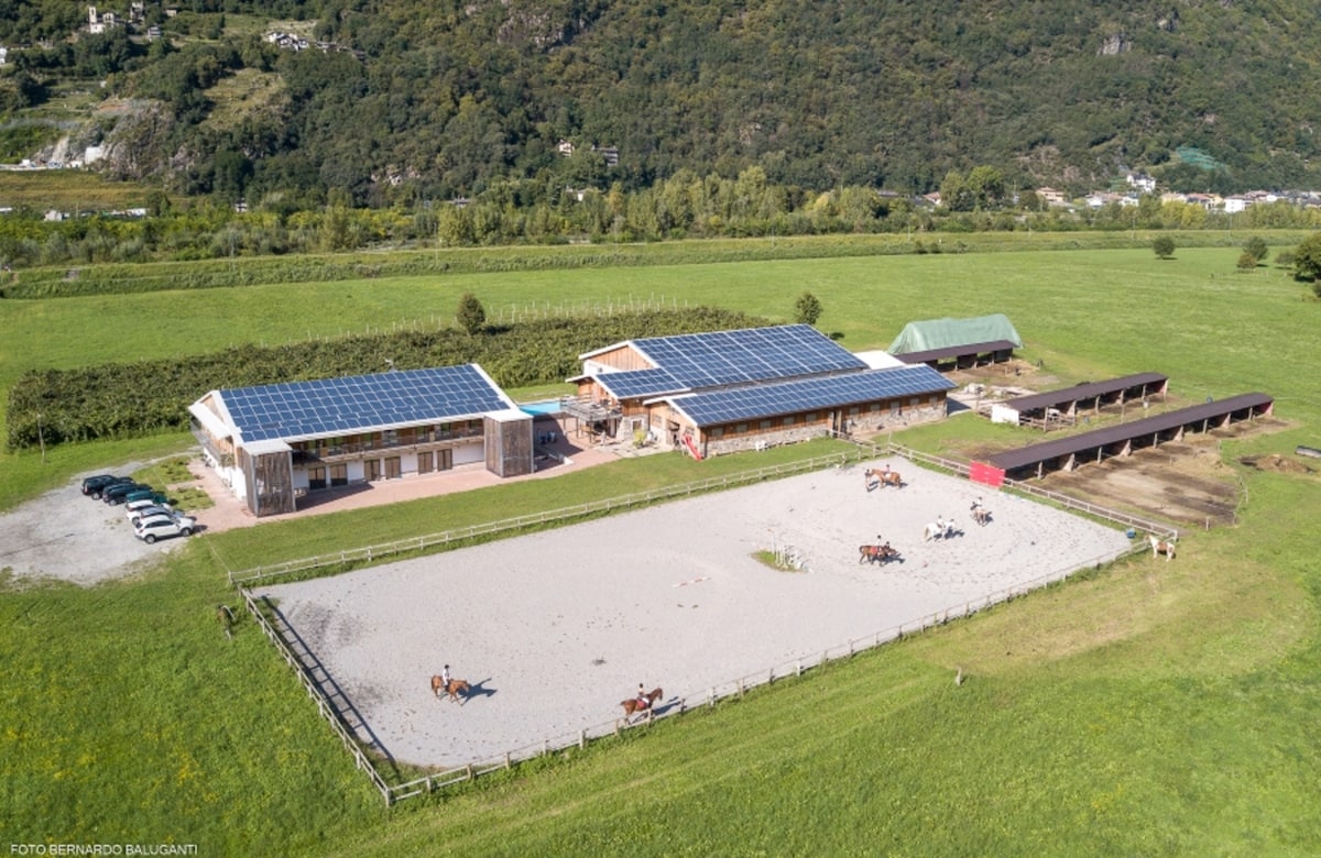An aerial view showcases a modern building with solar panels on the roof, surrounded by lush green fields. An outdoor riding arena is visible, with horses and riders positioned on the sandy surface. Additional structures are present, emphasizing the spacious layout of the property.