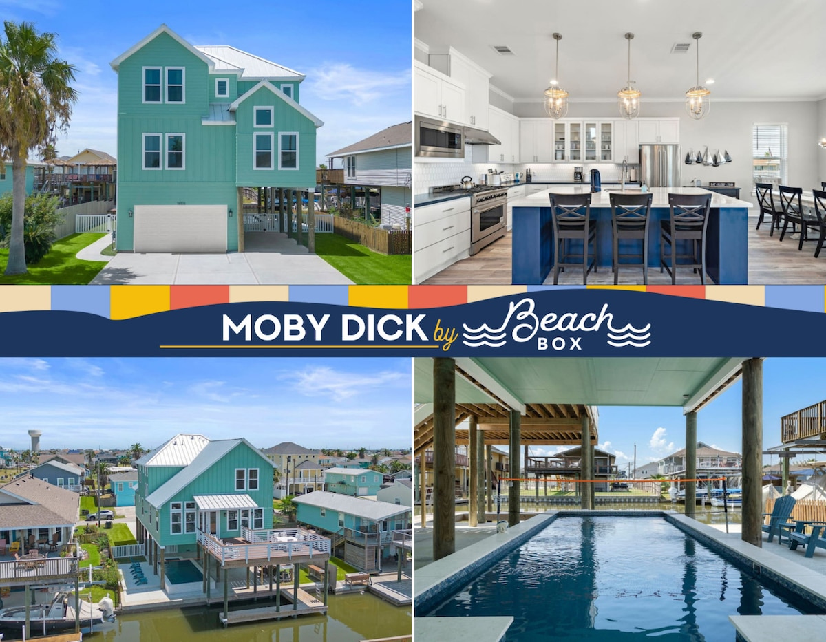 The exterior of the home features a vibrant green facade set beneath a clear blue sky, with a spacious deck and ample outdoor space. A pool is nestled below the elevated structure, surrounded by wooden support beams. The bright kitchen and dining area showcase modern appliances and coastal-inspired decor.