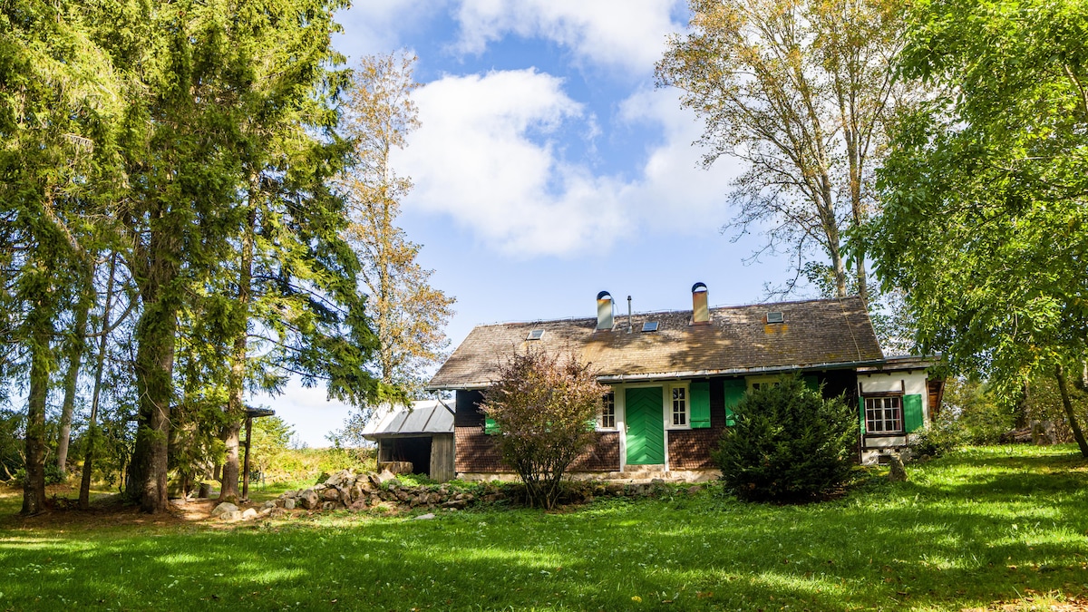 A quaint holiday home is surrounded by lush greenery, showcasing a well-maintained garden. The spacious outdoor area features mature trees and an inviting lawn, with the house displaying green accents on its windows and door. A clear blue sky provides a tranquil backdrop.