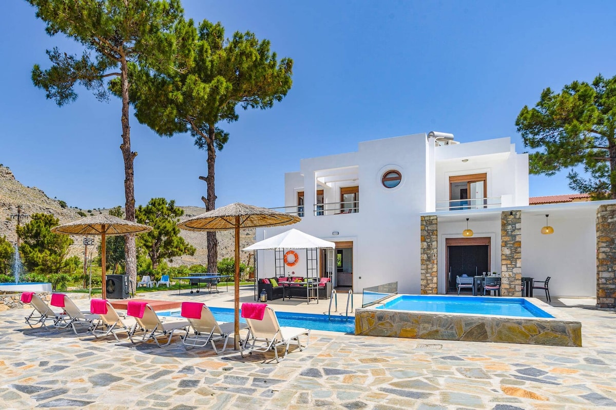 The villa's exterior is showcased, featuring a private swimming pool and a large terrace surrounded by pine trees. Multiple sun loungers are arranged under shaded umbrellas, while a covered seating area is visible. The contemporary architectural design is complemented by clear blue skies.