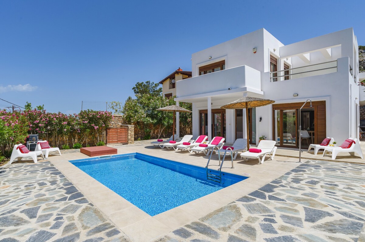 A clean, modern villa is presented with a private pool surrounded by sun loungers under shaded umbrellas. The pool area features light-colored stone flooring, with vibrant flower bushes in the background. Large glass doors provide access to the interior spaces from the patio.