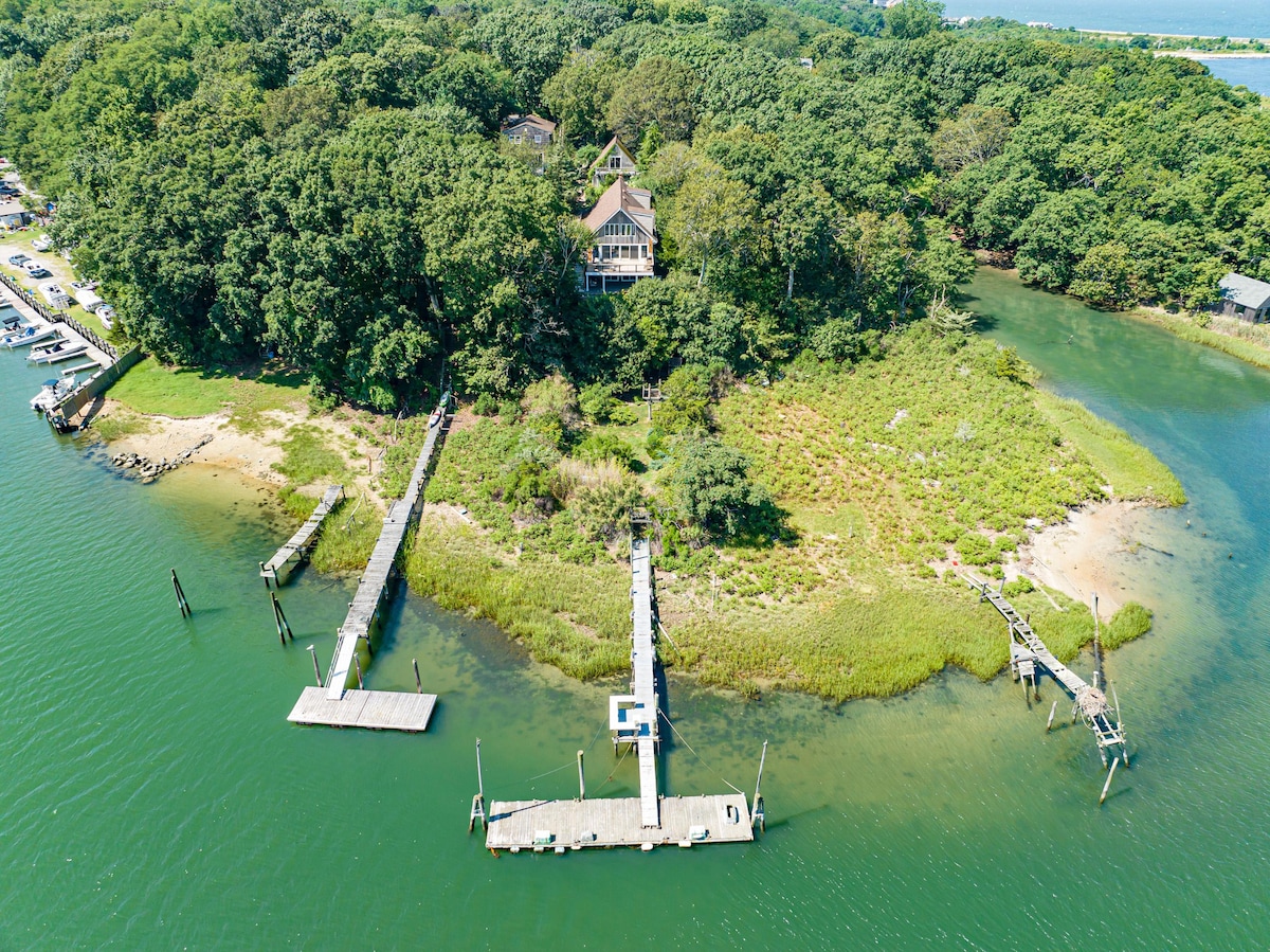 An aerial view captures the private dock area surrounded by lush greenery and calm waters. Wood planks extend gracefully into the water, while the shoreline showcases a natural landscape blending with the serene environment.