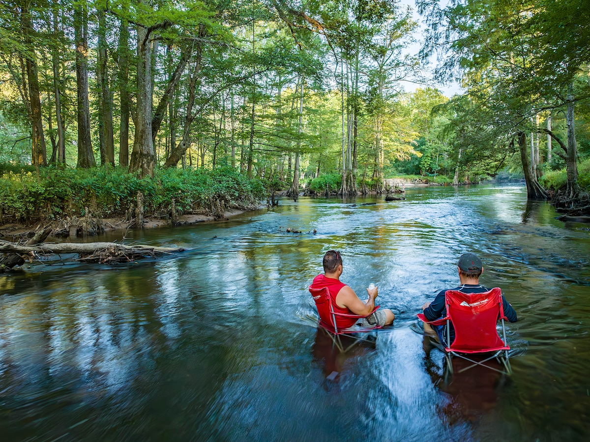 Two individuals are seated in portable chairs along the edge of a serene river. Lush greenery surrounds the water, and the sunlight dapples through the trees, reflecting off the calm surface of the river. The tranquil scene invites relaxation and enjoyment of nature.