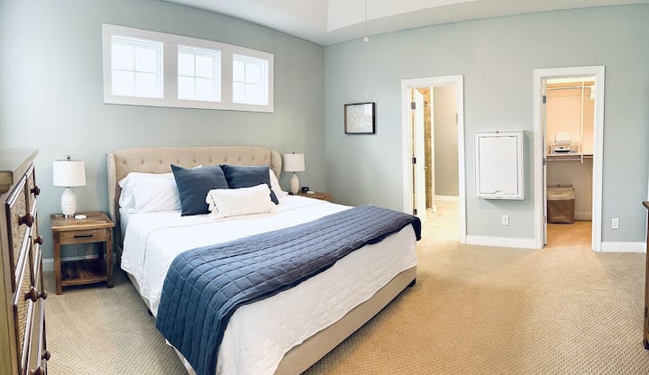 Spacious bedroom with all the comforts of home.  Comfortable bed, pillows, high end sheets and towels.
