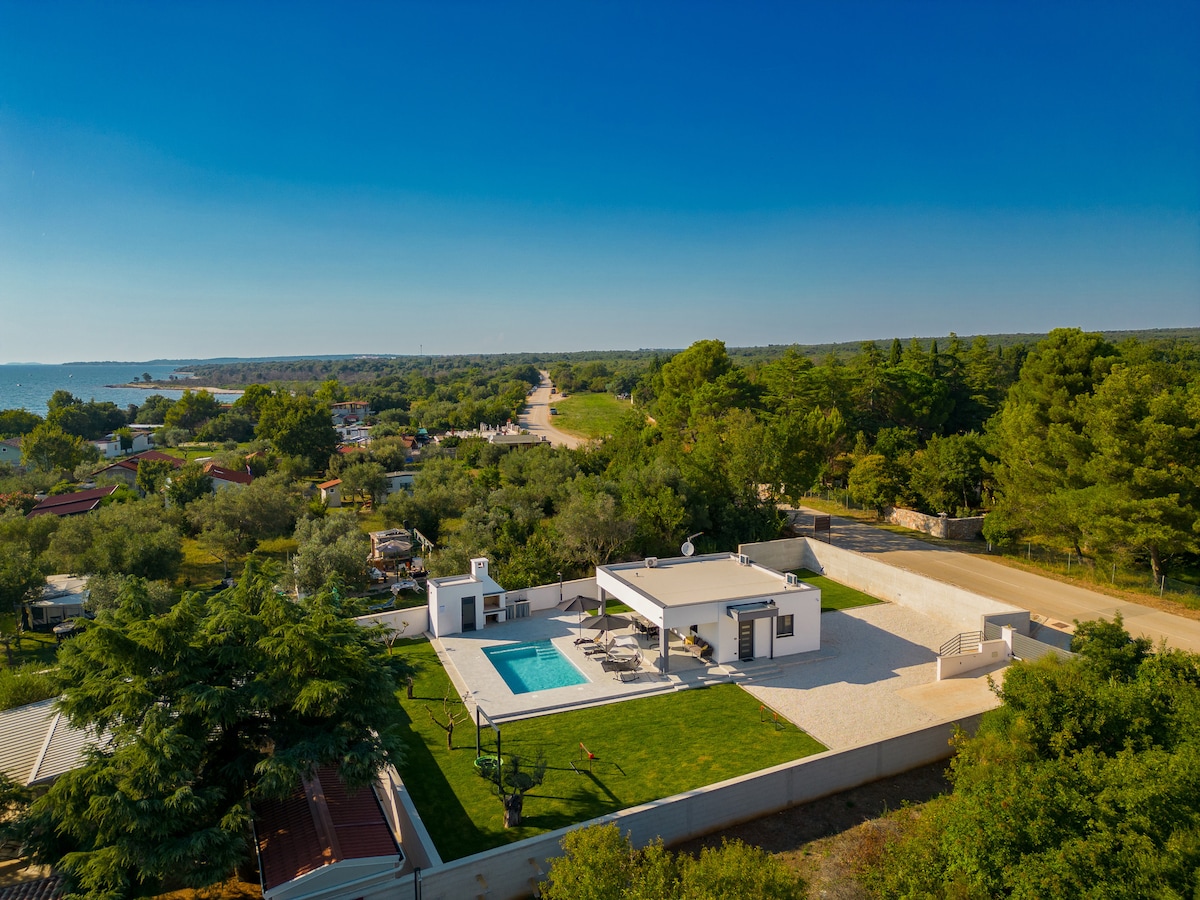 An aerial view captures a modern villa set in a spacious yard with a clear blue pool. Surrounding greenery and the distant Adriatic coast enhance the serene setting. The property features a well-maintained outdoor area, ideal for relaxation and outdoor activities.