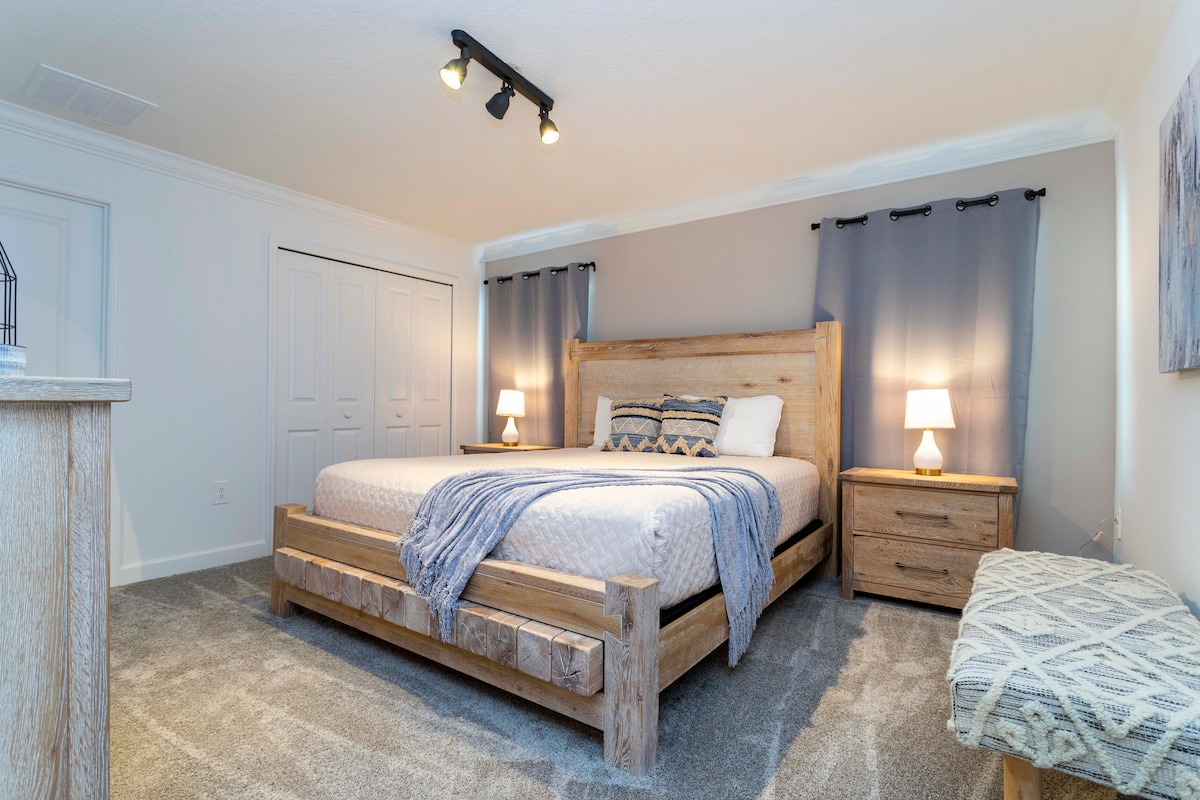 Master bedroom.  King bed, comfortable space with private bathroom and smart Tv available.