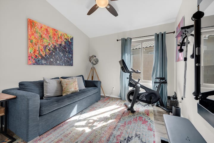 Wind down post-workout on our comfy sofa in the Movement Room. The sofa will convert to a full-sized bed if extra bed space is needed. *Please note- the sofa bed is most suitable for our younger guests. 